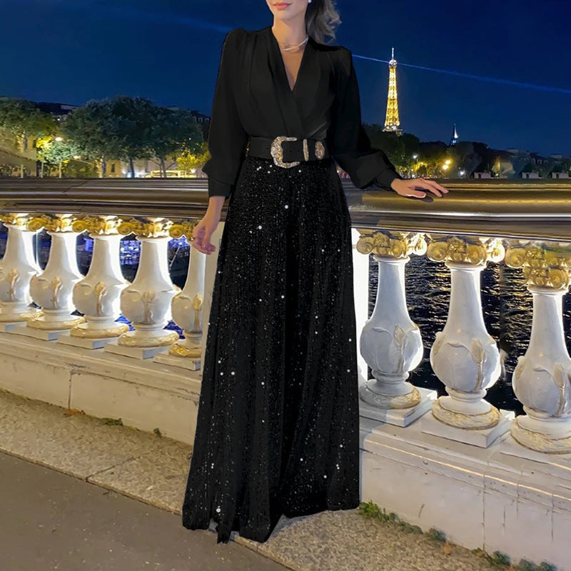 Damen elegante Overall mit funkelnden Pailletten und langem Schnitt R&B