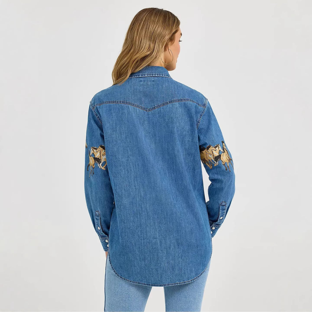 Damen Jeanshemd mit kreativem Pferdemotiv und hochwertiger Baumwollmischung R&B