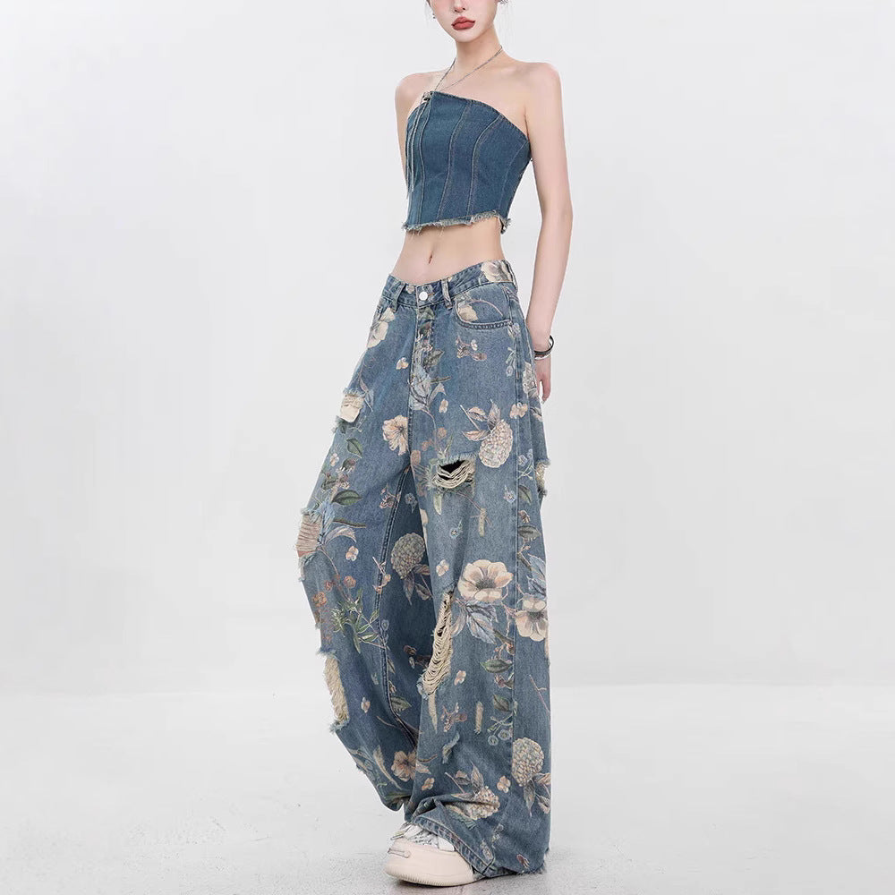 Damen Weit geschnittene Jeans mit floralem Design und schickem Destroyed-Effekt R&B