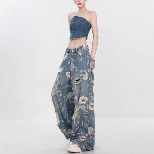 Damen Weit geschnittene Jeans mit floralem Design und schickem Destroyed-Effekt R&B