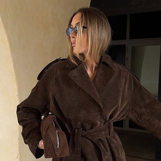 Damen modische Wildlederjacke mit Taillengürtel und voluminösen Ärmeln R&B