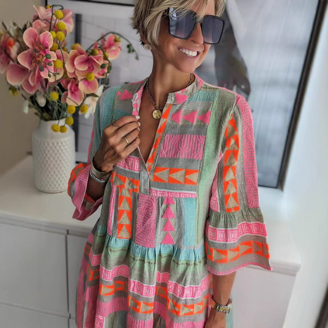 Damen luftiges Boho-Kleid mit eingewR&Bten Mustern und kurzen Ärmeln R&B
