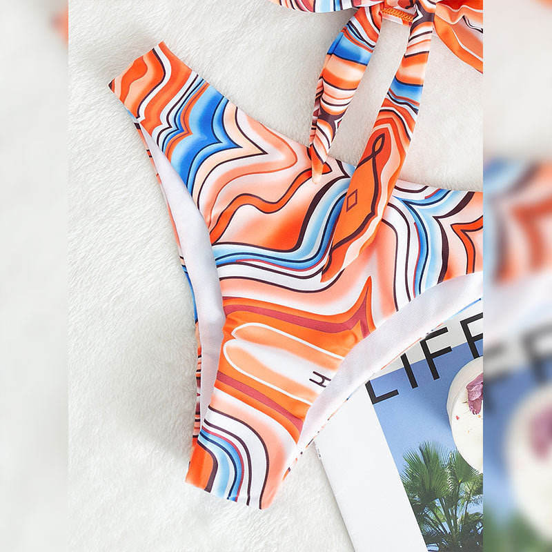 Damen Bandeau-Bikini mit verspieltem Wickeldesign und buntem Muster R&B