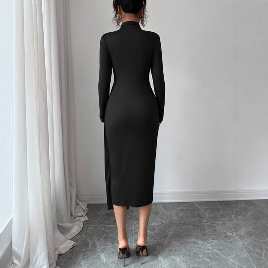 Damen nan figurbetontes Midikleid mit Stehkragen, Taillenraffung und asymmetrischem Saum R&B