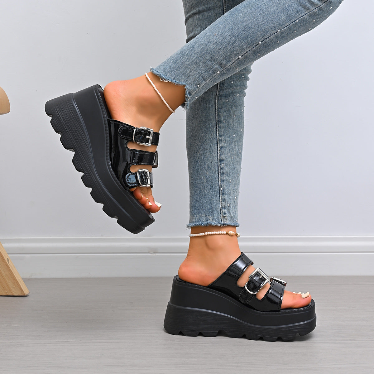 Damen Wedge-Pantoletten mit modischem Doppelriemen-Design und rutschfester Sohle R&B