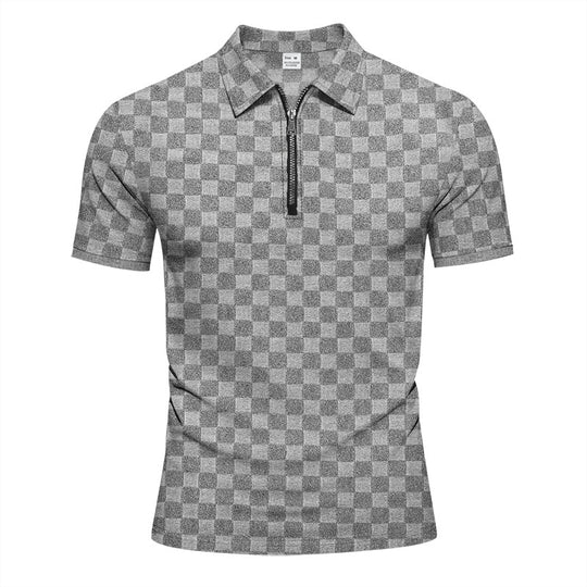 Herren Poloshirt mit halbem Reißverschluss und modernem Karomuster R&B