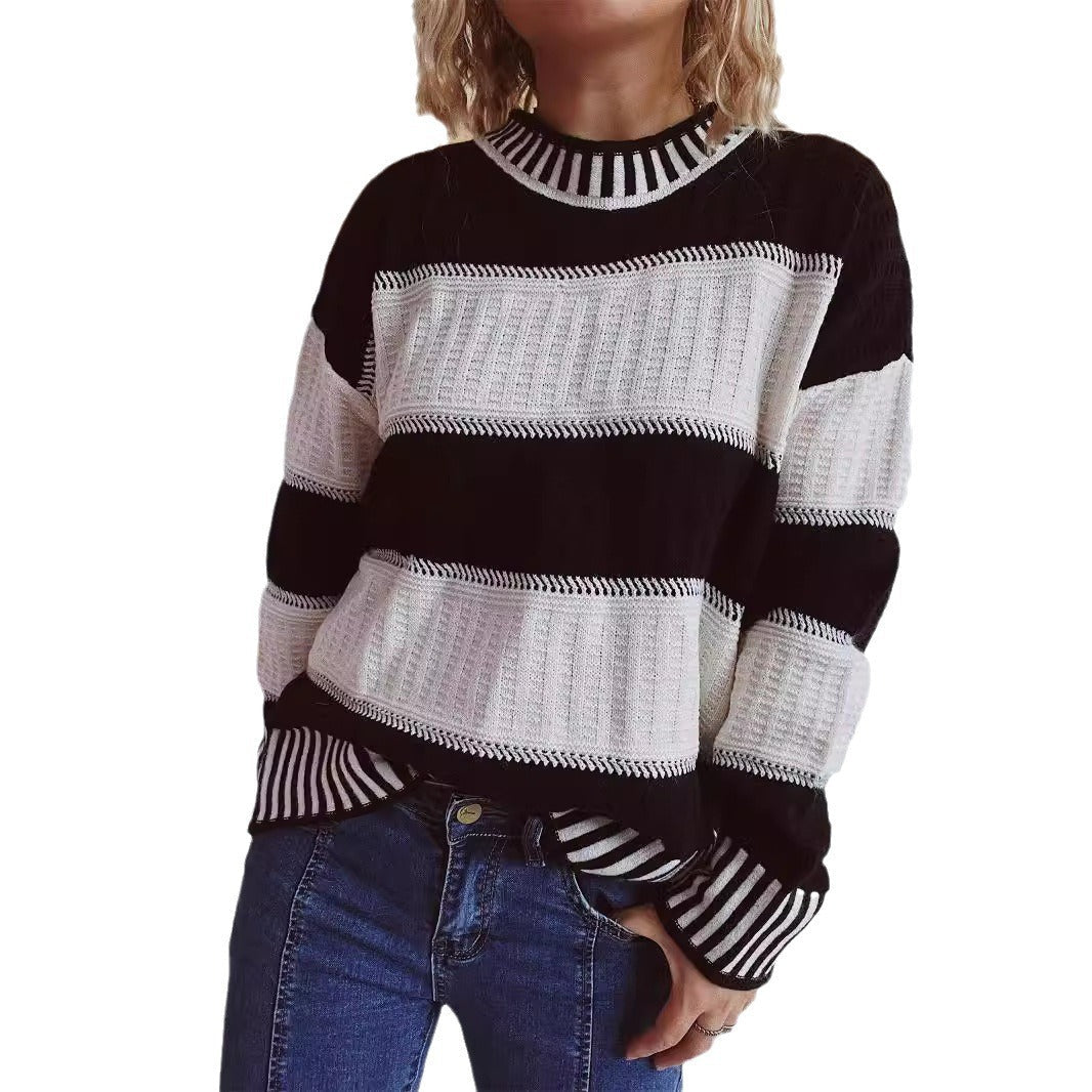 Damen lässiger Strickpullover mit modernem Streifenmuster und warmem Material R&B