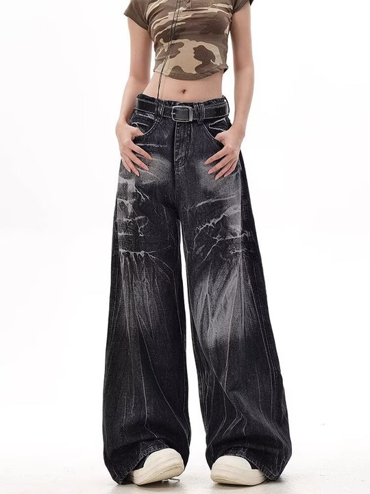 Damen Weite Jeanshose mit modischem Used-Look und hohem Bund R&B