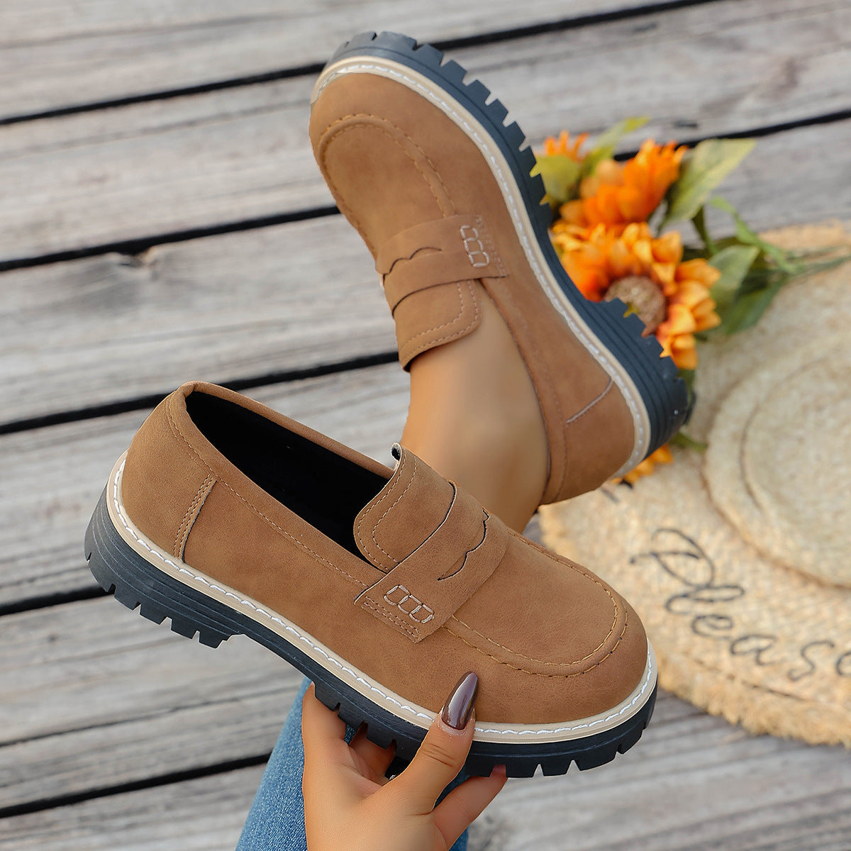 Damen Mokassin-Slipper mit rutschfester Profilsohle und modischer Lederoberfläche R&B
