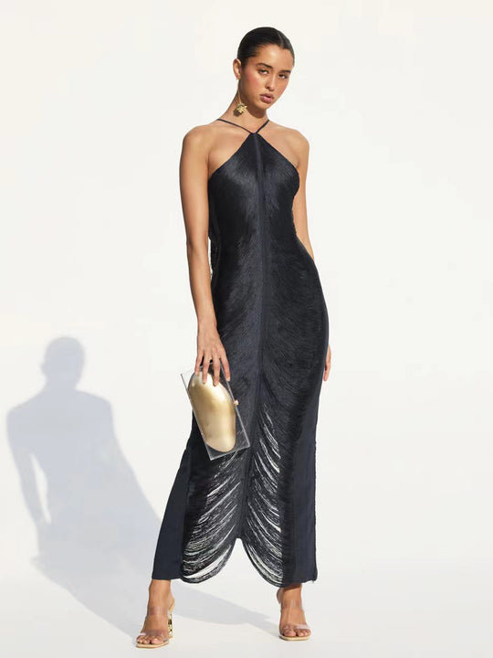 Damen Langkleid mit raffiniertem Schlitz und elegantem Kragen R&B