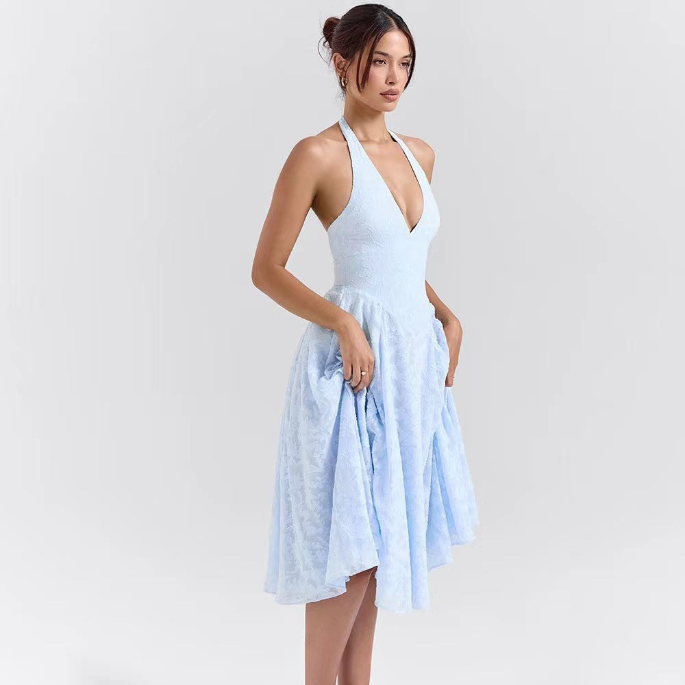 Damen Elegantes Midikleid mit tiefem V-Ausschnitt und schwingendem Rock R&B