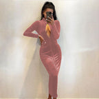Damen Elegantes Velours-Maxi-Kleid mit tiefem V-Ausschnitt und langen Ärmeln R&B