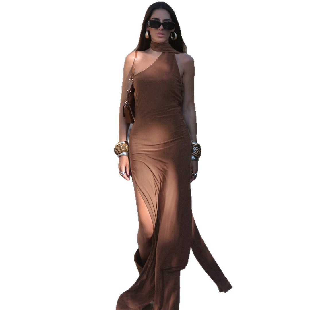 Damen langes Wickelkleid mit asymmetrischem Ausschnitt und eleganter Schal-Detail R&B