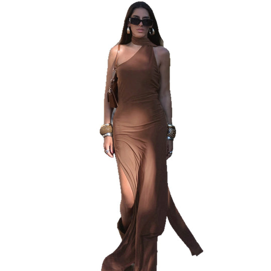 Damen langes Wickelkleid mit asymmetrischem Ausschnitt und eleganter Schal-Detail R&B