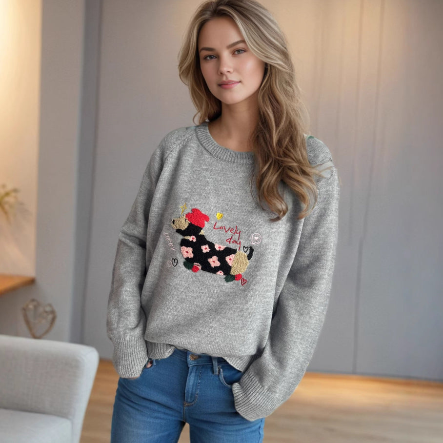 Damen Pullover mit tierischem Motiv und dekorativen Stickereien R&B