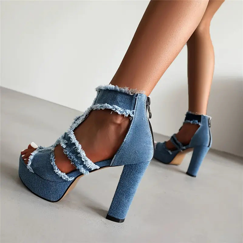 Damen Plateausandalen mit fransigen Denim-Details R&B