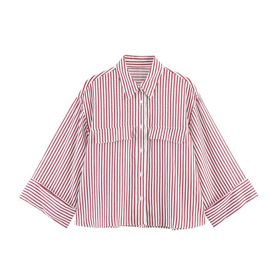 Damen gestreifte Bluse mit voluminösen Ärmeln und praktischen Taschen R&B