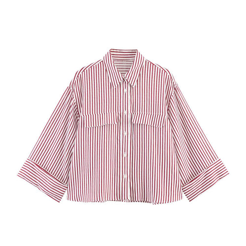 Damen gestreifte Bluse mit voluminösen Ärmeln und praktischen Taschen R&B