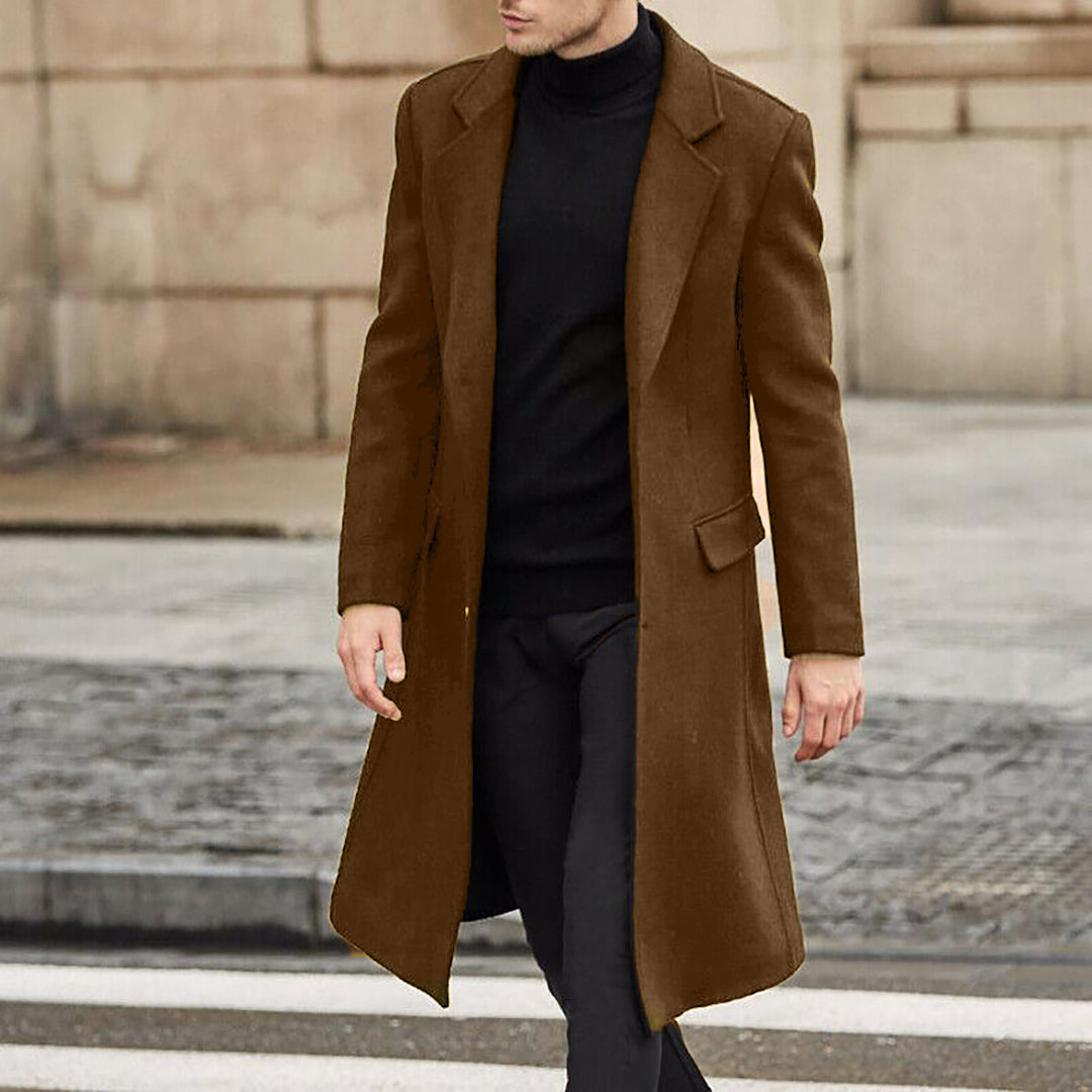 Herren eleganter Langmantel aus hochwertiger Wolle mit praktischem Revers R&B
