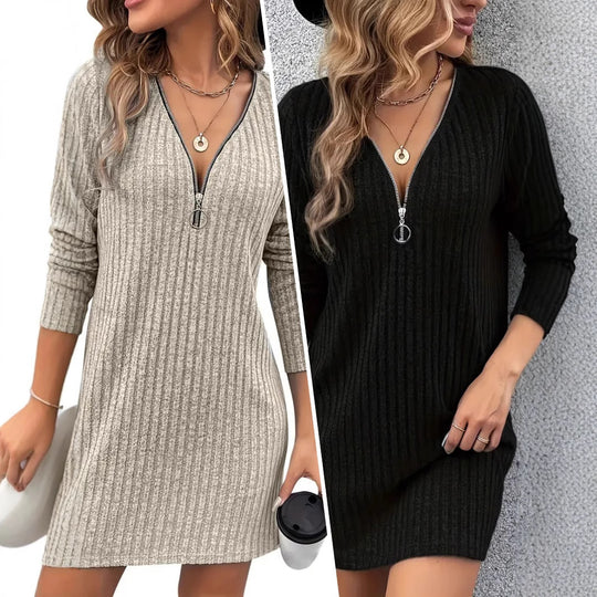 Damen Mini-Kleid mit Reißverschluss und Rippstruktur R&B