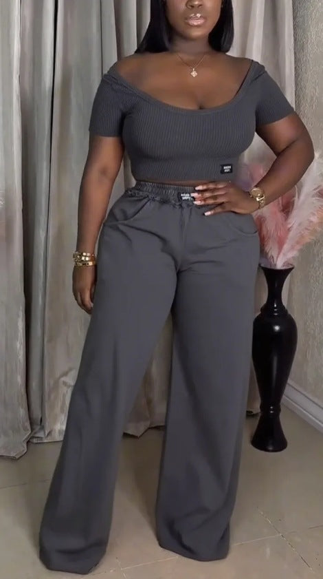 Damen nan schulterfreies geripptes bauchfreies Oberteil mit weit geschnittener, hochgeschnittener Palazzohose R&B