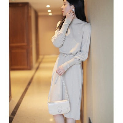 Damen Elegantes Knielanges Kleid mit Gürtel und Langarm R&B