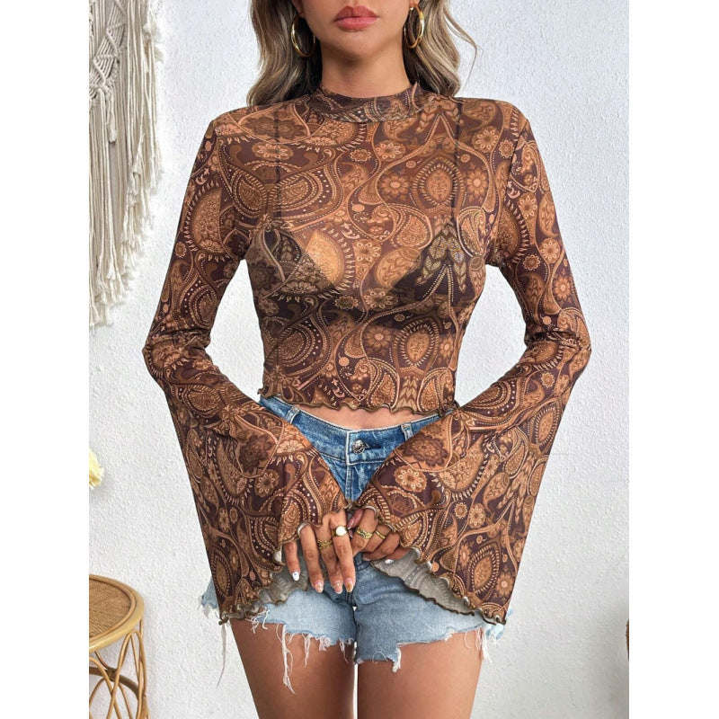 Damen modisches Langarm-Top mit weit geschnittenen Ärmeln und edlem Paisley-Muster R&B