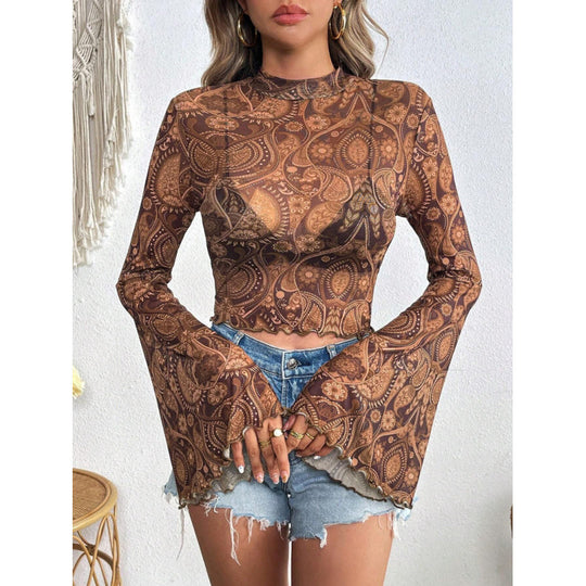 Damen modisches Langarm-Top mit weit geschnittenen Ärmeln und edlem Paisley-Muster R&B