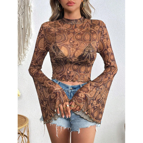 Damen modisches Langarm-Top mit weit geschnittenen Ärmeln und edlem Paisley-Muster R&B