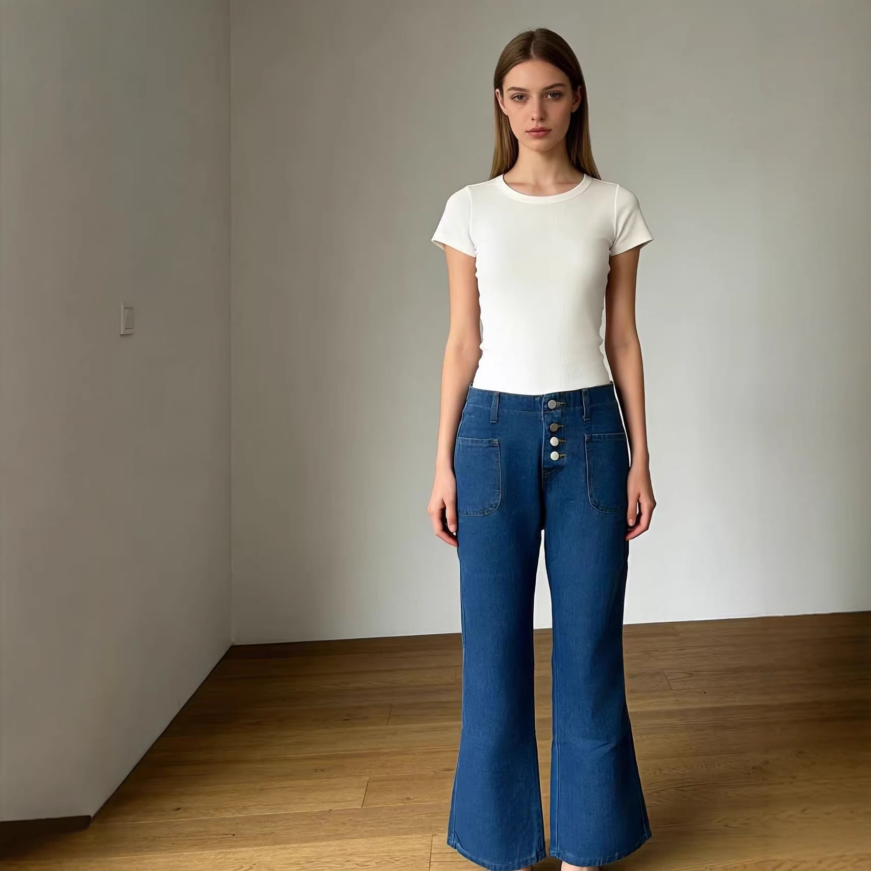 Damen Bootcut Jeans mit hohem Bund und Knopfleiste
