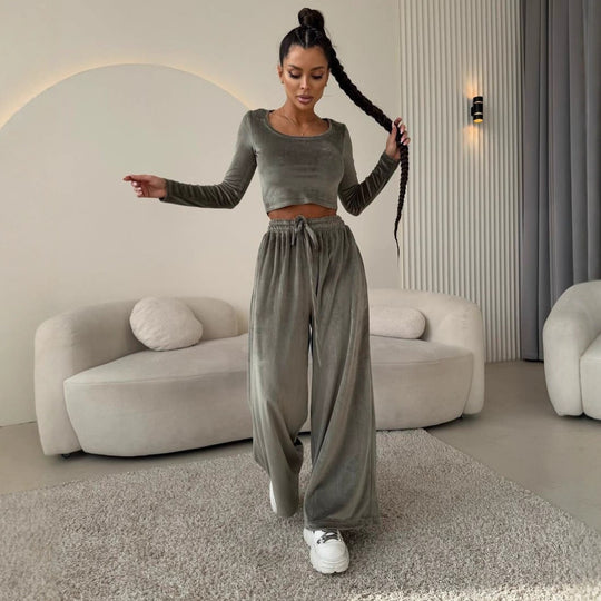 Damen lässiges Crop-Oberteil und weite Hose Set R&B