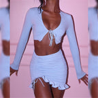 Damen Crop-Top und Mini-Rock Set mit Raffung und romantischem Volant EB