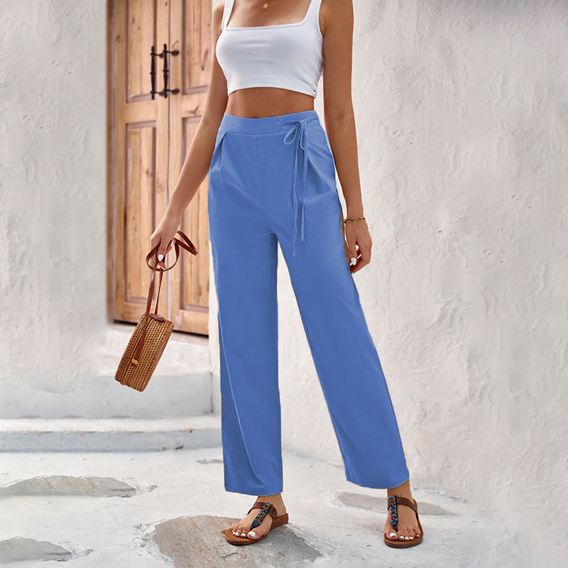 Damen Weitgeschnittene Sommerhose mit elastischem Bund und bindbarem Gürtel R&B