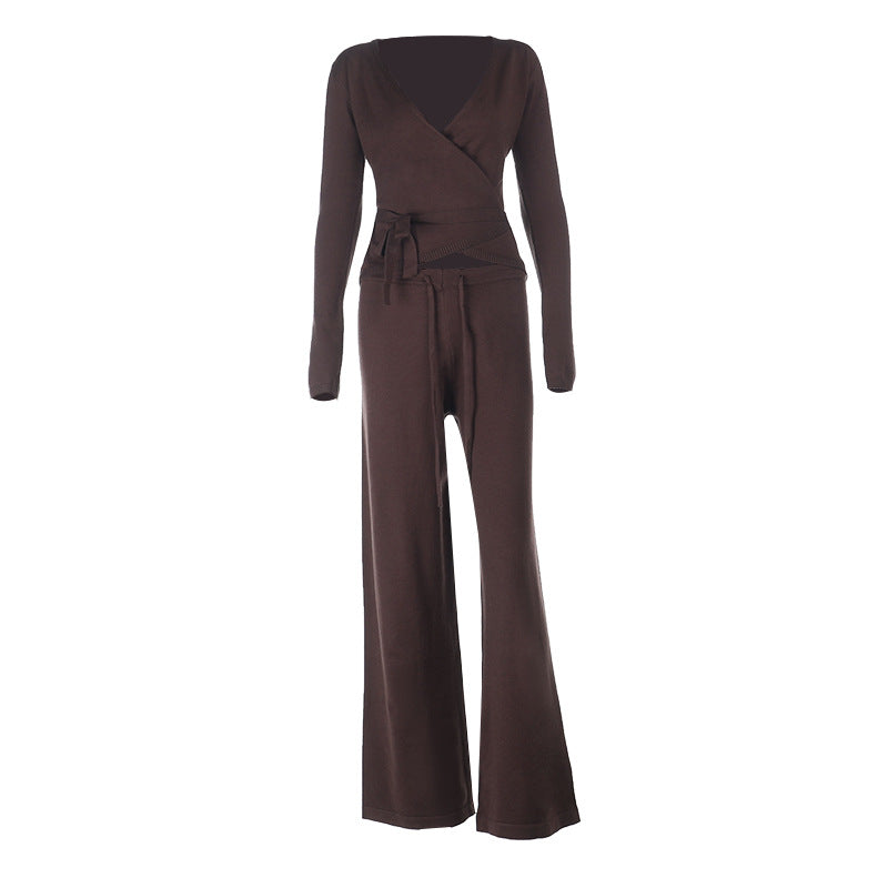 Damen lockerer Jumpsuit mit Wickeldesign und langen Ärmeln R&B