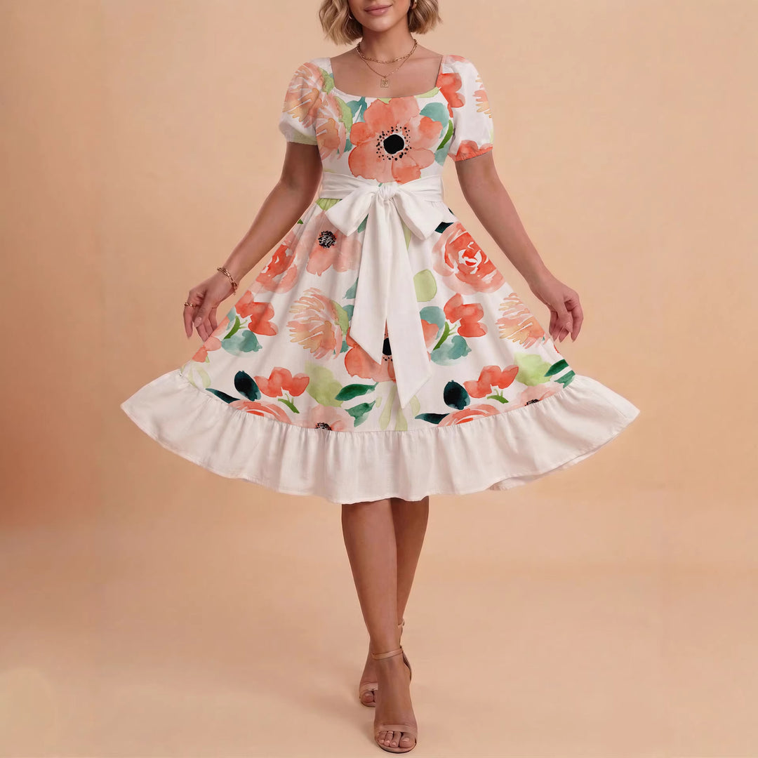 Damen Sommerliches Blumenkleid mit taillierbarem Gürtel und voluminösen Ärmeln R&B