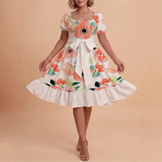 Damen Sommerliches Blumenkleid mit taillierbarem Gürtel und voluminösen Ärmeln R&B