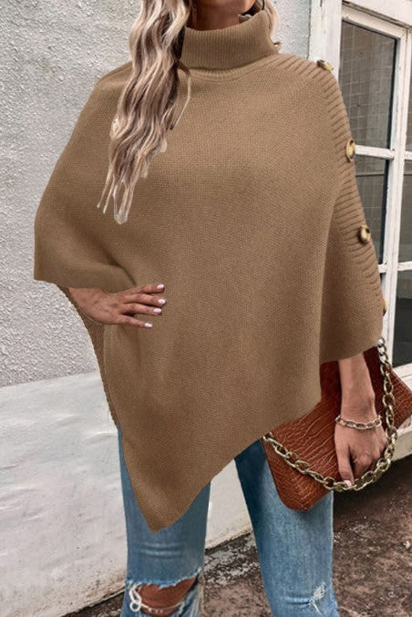 Damen Strick-Poncho mit hohem Kragen und Knopfdetails R&B