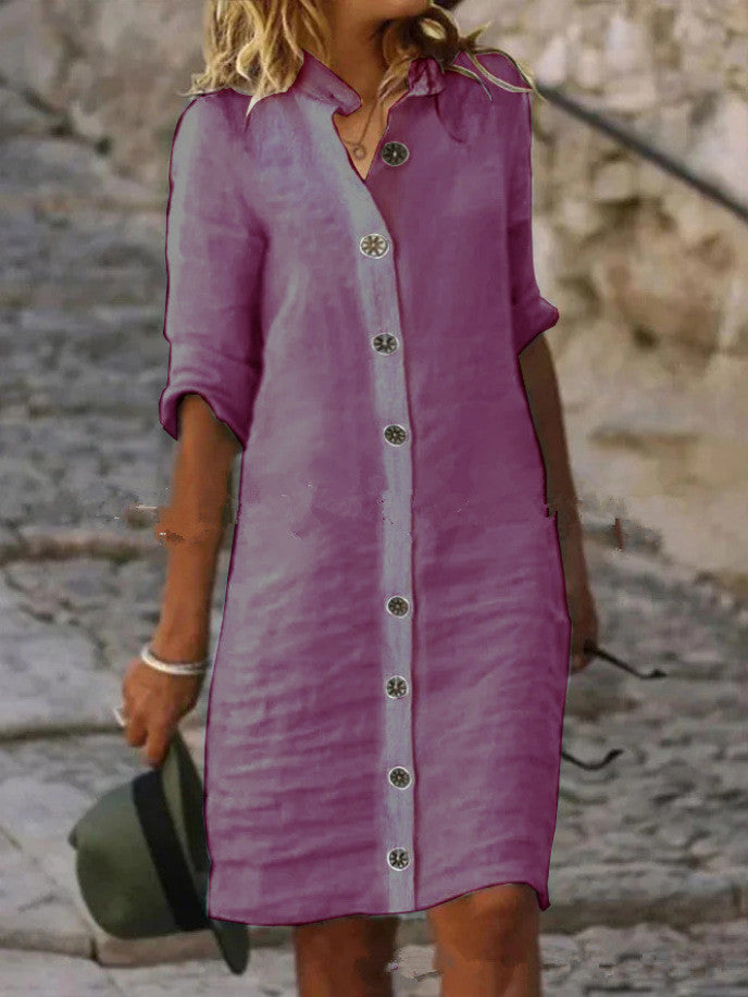 Damen Leinenhemdkleid mit Knopfleiste und umschlagbaren Ärmeln R&B