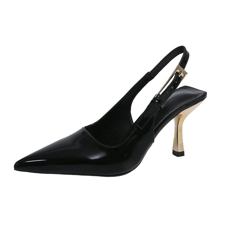 Damen elegante Slingback-Pumps mit spitzem Zehenbereich und glanzvollem Blockabsatz R&B