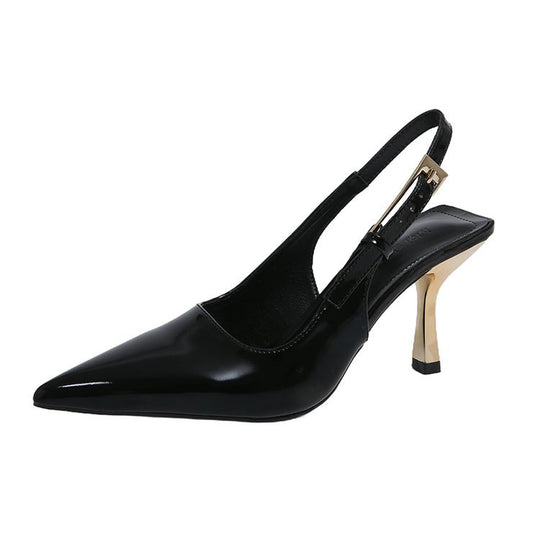 Damen elegante Slingback-Pumps mit spitzem Zehenbereich und glanzvollem Blockabsatz R&B