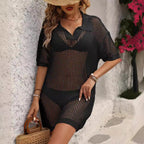 Damen luftiger Netz-Strandüberwurf mit Polo-Kragen R&B