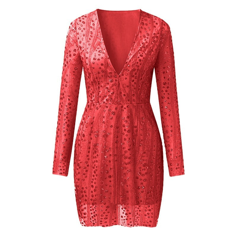 Damen Elegantes Cocktailkleid mit tiefem V-Ausschnitt und funkelnden Pailletten R&B
