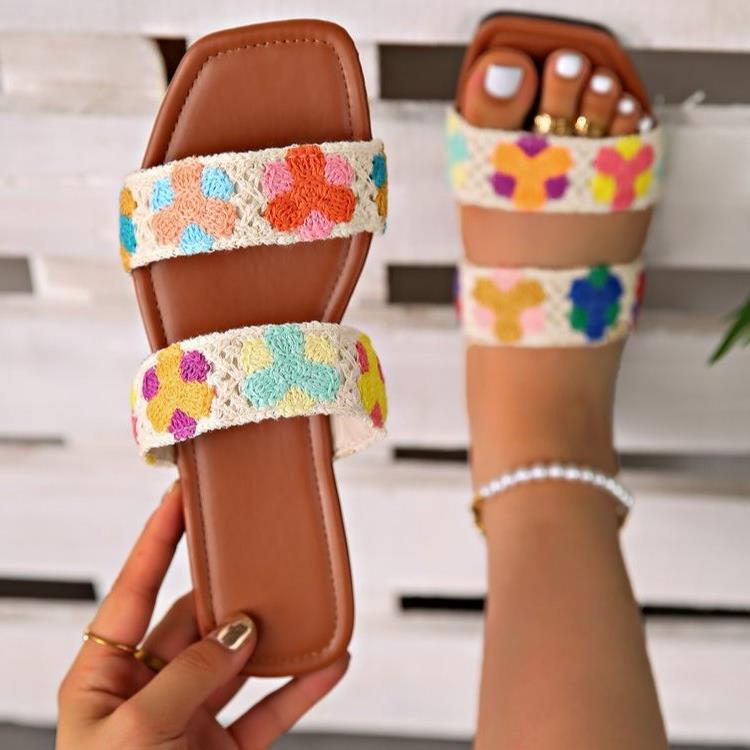 Damen Bunte Flauscher Slides mit floralem Design R&B