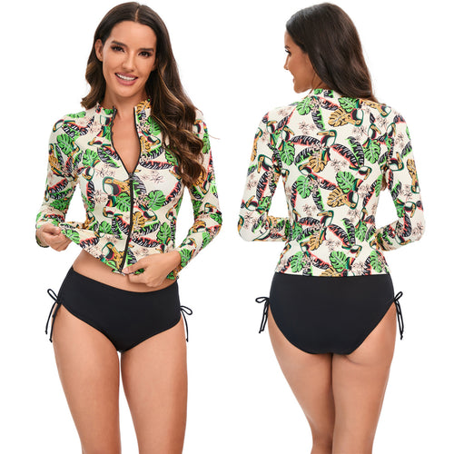 Damen Sportlicher Langarm-Rashguard mit buntem Tier- und Blattmuster R&B
