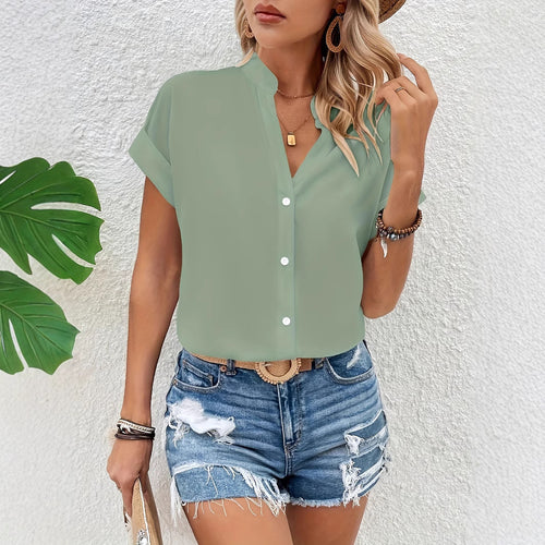 Damen Kurze Bluse mit Stehkragen und Knopfverschluss R&B