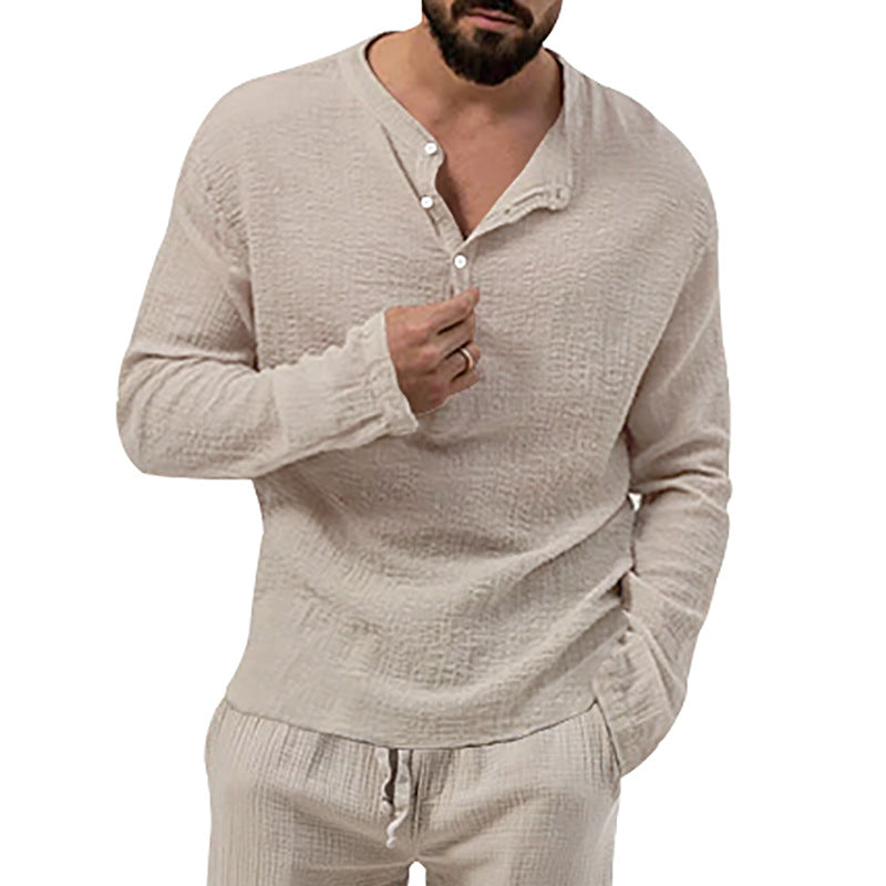 Herren nan entspanntes Henley-Set aus leichter Baumwoll-Gauze mit Kordelbundhose R&B