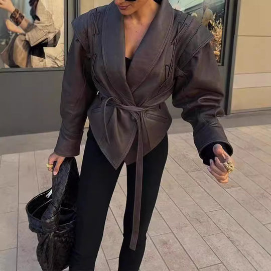 Damen Modische Bikerjacke mitTaillengürtel und dekorativen Nähten R&B