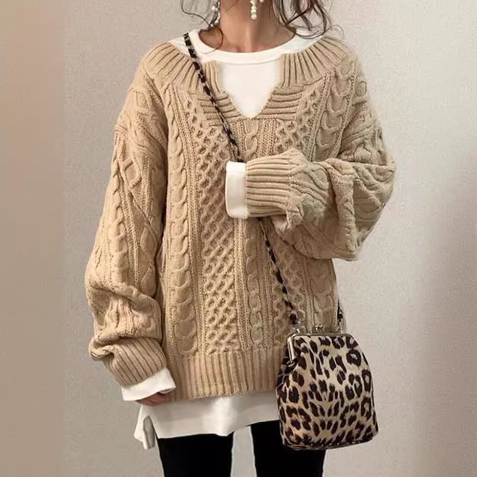 Damen Grobstrickpullover mit V-Ausschnitt und modischem Zopfdesign R&B