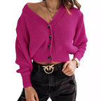 Damen lässiger Strickpullover mit tiefem V-Ausschnitt und Knopfdetails R&B