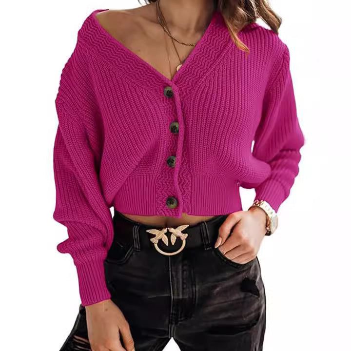 Damen lässiger Strickpullover mit tiefem V-Ausschnitt und Knopfdetails R&B